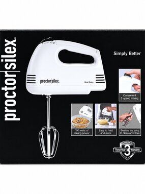Proctor Silex 62509PS 5 Speed Hand Mixer 100W White Bowl Rest Chrome Beaters NIB